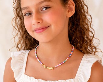 Rainbow Name Choker Necklace, Custom Clay Bead Necklace, Kids Colorful Gift