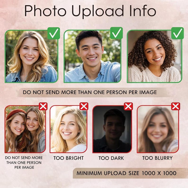 May include: An instructional graphic titled Photo Upload Info displaying examples of acceptable and unacceptable portrait photos. It includes green checkmarks for clear, single-person photos and red X marks for multiple people, overexposure, underexposure, and blurriness.
