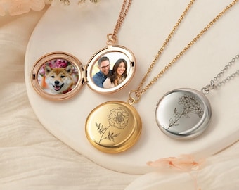 Custom Photo Locket Necklace: Engraved Birth Flower, Non-Tarnish