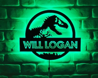 Custom Jurassic World-Inspired LED Wall Decor, Personalized Dinosaur Silhouette Light Art