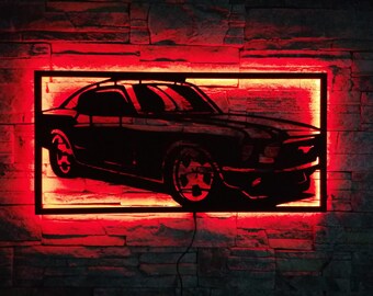 Classic Muscle Car LED Wall Art, Red Glow Auto Decor, Vintage Vehicle Silhouette, Car Enthusiast Light