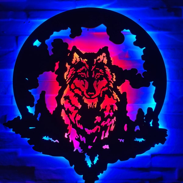 Mystical Wolf LED Wall Light, Colorful Wildlife Silhouette, Ambient Room Decor, Nature-Inspired Art