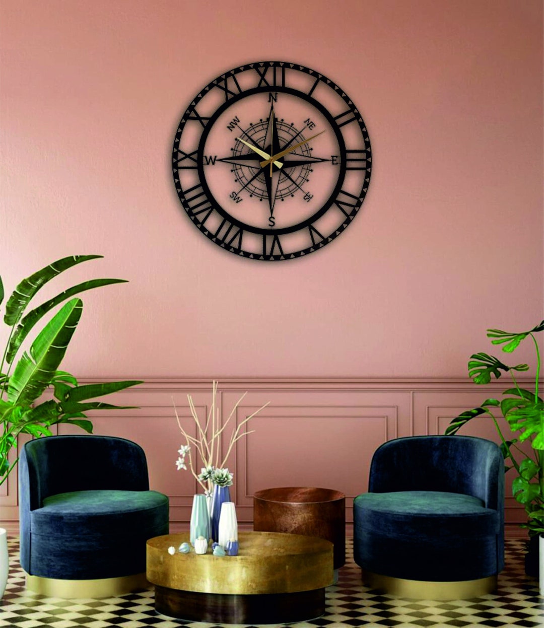 Metal World Map Compass Clock, Metal