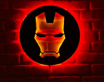 Custom Iron Man LED Wall Light, Superhero-Inspired Red Glow Mask Decor for Fans