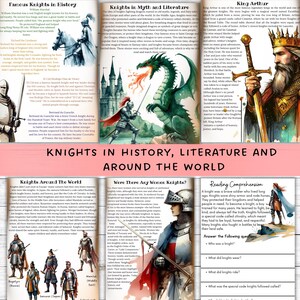 Pu&ograve; includere: Un poster educativo colorato intitolato "Cavalieri nella storia, letteratura e in tutto il mondo". Il poster presenta illustrazioni di cavalieri, draghi e personaggi storici, insieme a testo sui cavalieri e la loro storia.