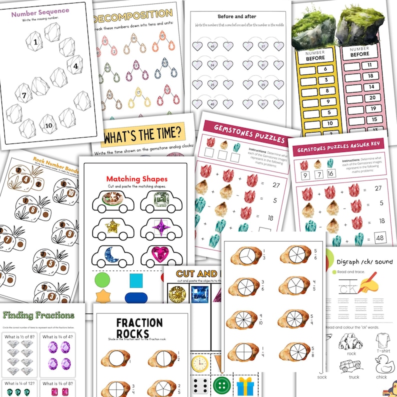 May include: A set of printable worksheets for kids featuring colorful illustrations of gemstones, rocks, and other objects. The worksheets include activities such as number sequencing, decomposition, matching shapes, telling time, finding fractions, and more.