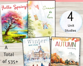 May include: A bundle of four unit studies, each representing a season: Spring, Summer, Winter, and Autumn. The covers feature watercolor illustrations of seasonal scenes, with text that reads "Four Seasons Bundle", "Hello Spring!", "Summer is here", "Winter Unit Study", and "Autumn Unit Study".