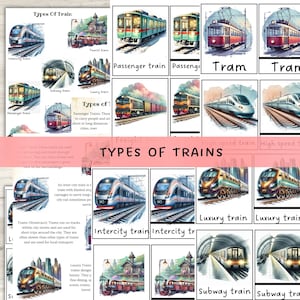 May include: A poster titled "Types of Trains" features various train illustrations, including intercity, passenger, subway, and luxury trains. Each train type is labeled with its name, and some descriptions are included.