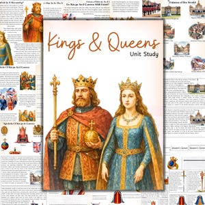 Pu&ograve; includere: La copertina di un libro intitolato "Kings & Queens Unit Study" presenta illustrazioni di un re e una regina in abiti reali. Il re indossa una corona d'oro, un mantello rosso e tiene uno scettro e un globo.