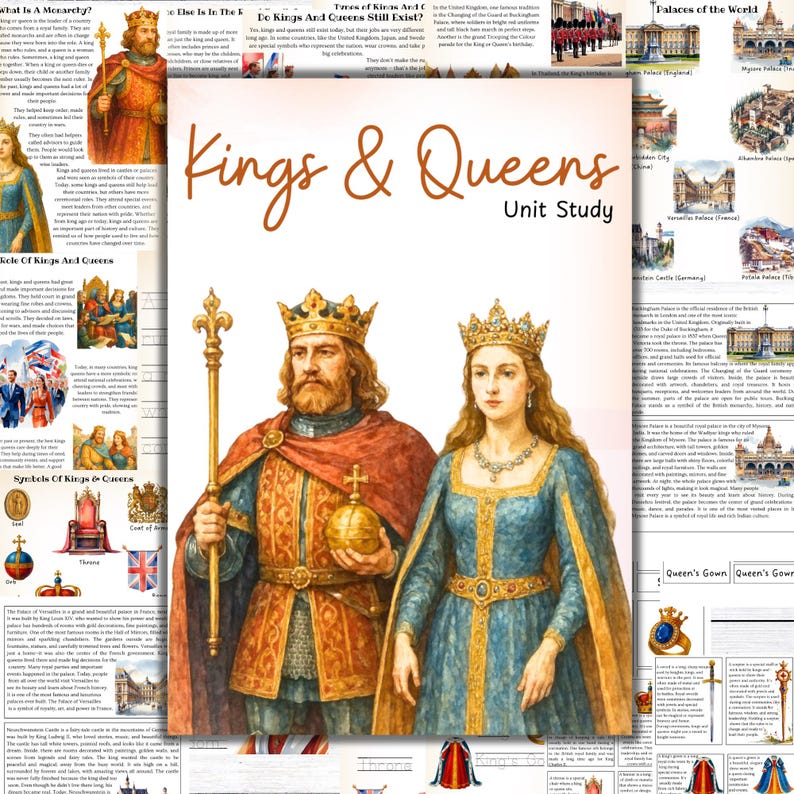 Pu&ograve; includere: La copertina di un libro intitolato "Kings & Queens Unit Study" presenta illustrazioni di un re e una regina in abiti reali. Il re indossa una corona d'oro, un mantello rosso e tiene uno scettro e un globo.