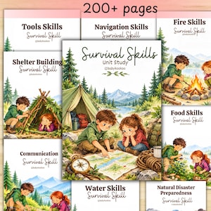 Pode incluir: Um conjunto educativo de estudo de unidade sobre habilidades de sobrevivência com mais de 200 páginas, com capas ilustradas de crianças ao ar livre. Os títulos incluem Tools Skills, Navigation Skills, Fire Skills, Shelter Building e Food Skills.