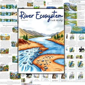Könnte beinhalten: Ein River Ecosystem Unit Study Lernposter mit einer zentralen Illustration eines gewundenen blauen Flusses, der durch braune Hügel und grüne Bäume fließt, mit dem Text River Ecosystem Unit Study und @babykookoo darüber gedruckt.