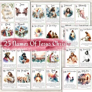 Könnte beinhalten: Ein Satz von 25 bunten Karten mit Bildern und Text über die Namen Jesu Christi. Jede Karte hat eine Nummer, einen Namen, einen Bibelvers und ein Bild von Jesus.