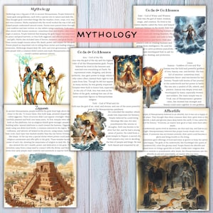 May include: A printed page about Mesopotamian mythology, featuring text, illustrations of gods and ziggurats, and the word "Mythology" in a large, pink font. The page is from a book.