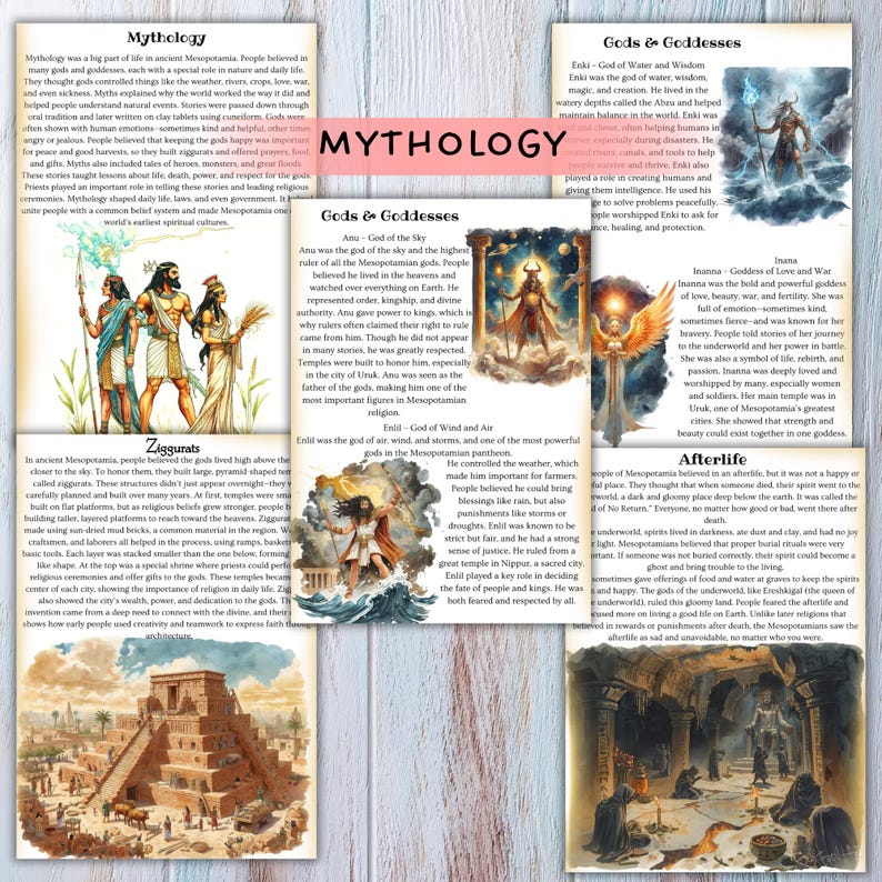 May include: A printed page about Mesopotamian mythology, featuring text, illustrations of gods and ziggurats, and the word "Mythology" in a large, pink font. The page is from a book.