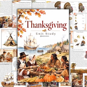 Op de afbeelding: Een Thanksgiving Unit Study educatief pakket met een omslagillustratie van een historisch feestmaal met pelgrims en inheemse Amerikanen, een zeilschip en herfstbladeren. De tekst luidt Thanksgiving Unit Study babykookoo.