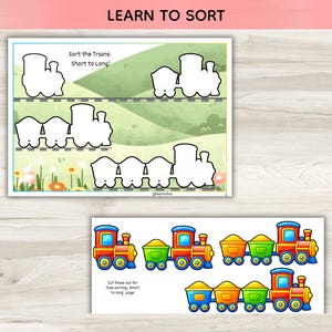 May include: An educational activity sheet titled LEARN TO SORT featuring train outlines on a green landscape. The sheet includes the text Sort the Trains: Short to Long! and a separate section with colorful train cutouts to sort by size.