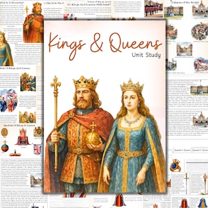Può includere: Uno studio unitario intitolato "Kings & Queens" presenta illustrazioni di un re e una regina in abiti regali. Il re tiene uno scettro e un globo, mentre la regina indossa una corona e una collana. Lo studio include testo e immagini sulle monarchie e sui palazzi.