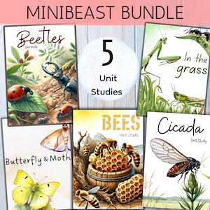 May include: A collection of five unit studies on insects, including beetles, bees, cicadas, and butterflies. The covers feature watercolor illustrations of the insects and their habitats. The title "MINIBEAST BUNDLE" is displayed at the top.
