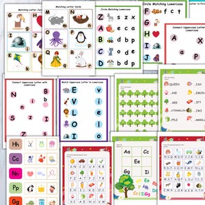 May include: A set of printable alphabet learning worksheets for kids. The worksheets feature colorful illustrations of animals, objects, and letters. The worksheets include activities such as matching uppercase and lowercase letters, connecting letters to pictures, and finding missing letters.