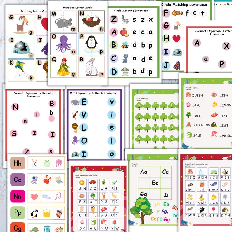 May include: A set of printable alphabet learning worksheets for kids. The worksheets feature colorful illustrations of animals, objects, and letters. The worksheets include activities such as matching uppercase and lowercase letters, connecting letters to pictures, and finding missing letters.