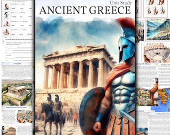 May include: A watercolor illustration of ancient Greece with a focus on the Parthenon, a Greek warrior, and a map of Greece. The illustration is surrounded by text and images related to ancient Greek history and culture. The text includes the words "Ancient Greece", "Unit Study", "Age of Athens", "Ancient Greek Government", "Theatrical Period", "The Hellenistic Period", and "Temples".