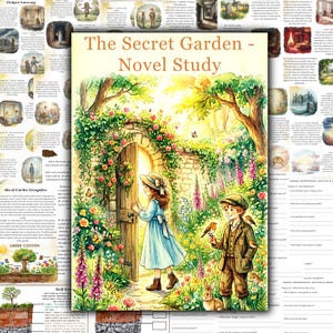 Könnte beinhalten: Eine Aquarellillustration mit dem Titel "The Secret Garden - Novel Study" zeigt ein Mädchen in einem blauen Kleid und einen Jungen in einem braunen Anzug in der Nähe eines Steintors, umgeben von Blumen, Bäumen und Schmetterlingen.