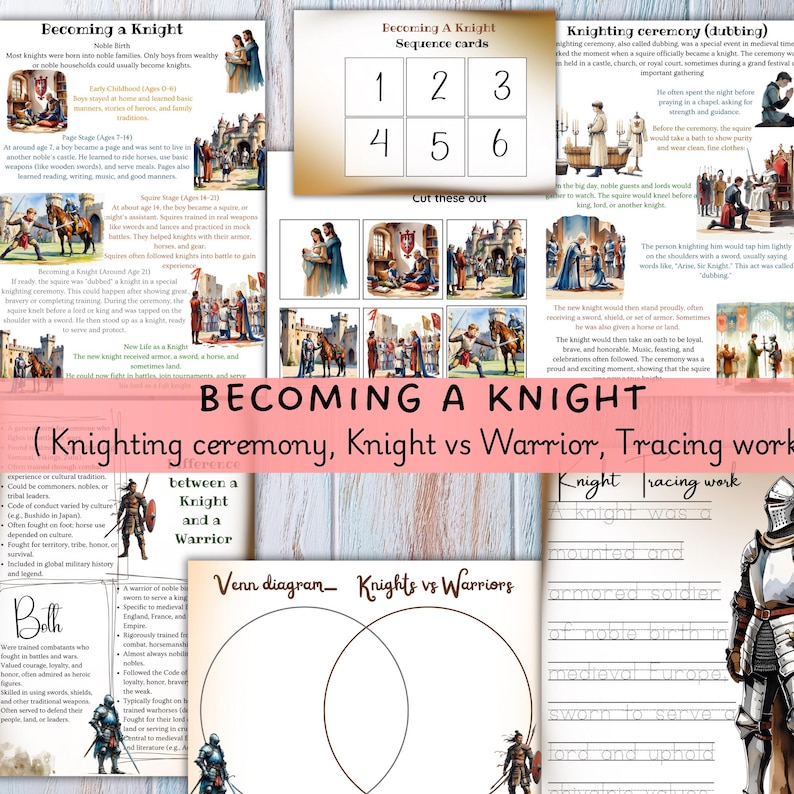 May include: Educational printables about becoming a knight, including sequence cards, a Venn diagram comparing knights and warriors, and tracing worksheets. The theme is medieval history and chivalry.