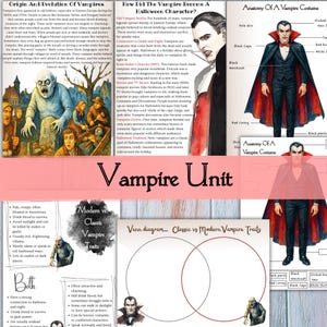 May include: Educational poster about vampires, featuring text on their origin, evolution, and Halloween connection. Includes illustrations of vampire traits, a costume diagram, and a Venn diagram comparing classic and modern vampire characteristics.