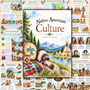 May include: A unit study educational poster titled Native American Culture featuring a watercolour illustration of a landscape with mountains, a river, a teepee, a feathered headdress, a woven basket, and a patterned blanket in the foreground.