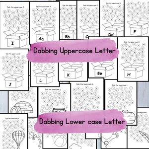 May include: Black and white printable worksheet with the title "Dabbing Uppercase Letter" and "Dabbing Lowercase Letter". The worksheet features a series of boxes with letters inside and a grid of circles with letters to be dabbed.
