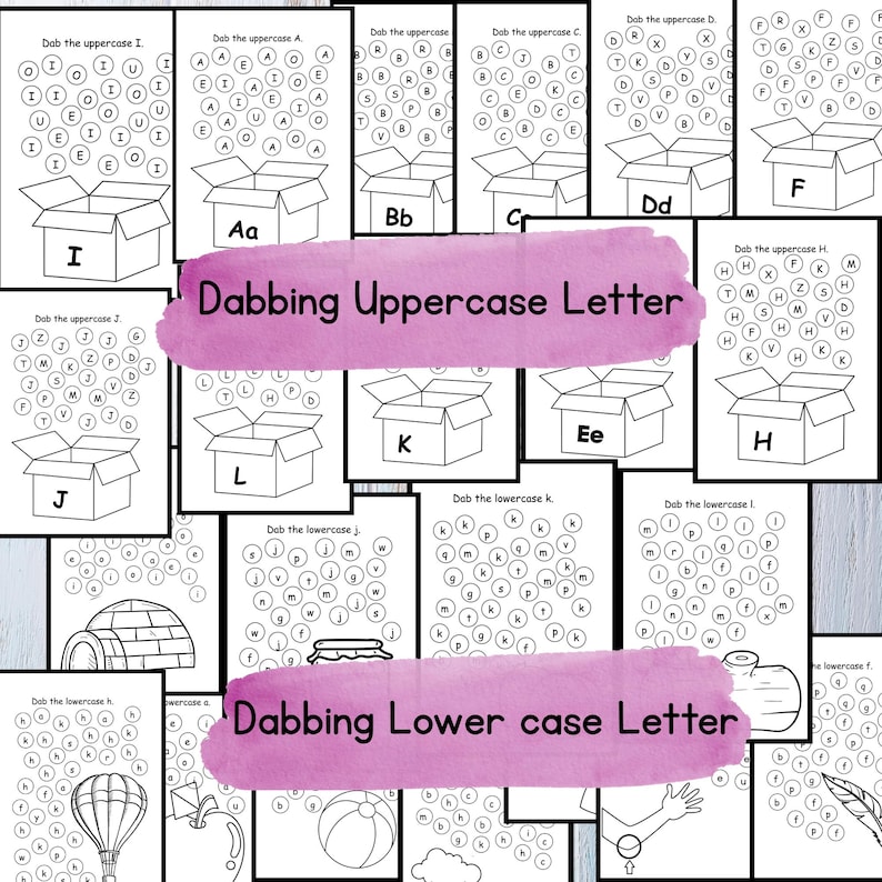 May include: Black and white printable worksheet with the title "Dabbing Uppercase Letter" and "Dabbing Lowercase Letter". The worksheet features a series of boxes with letters inside and a grid of circles with letters to be dabbed.