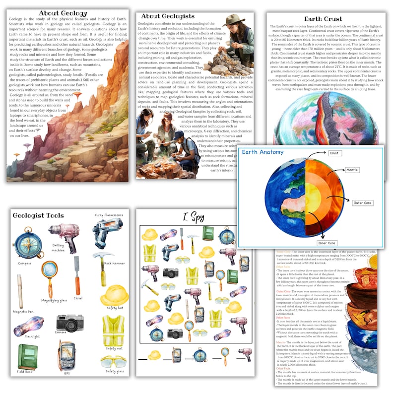 May include: A colorful educational poster about geology, featuring illustrations of Earth's layers, geologist tools, and a 'I Spy' game. The poster includes text about the study of geology, geologists, and the Earth's crust.