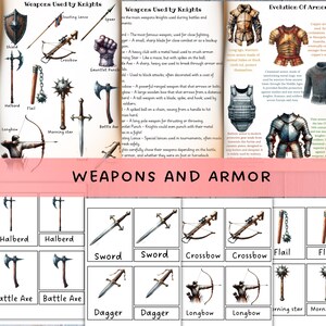 May include: An illustrated guide to medieval weapons and armor. The image features a variety of weapons, including swords, crossbows, and halberds, along with examples of armor. Text includes weapon names and descriptions.