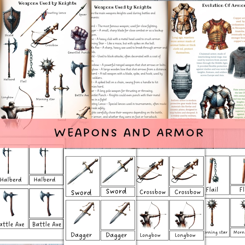 May include: An illustrated guide to medieval weapons and armor. The image features a variety of weapons, including swords, crossbows, and halberds, along with examples of armor. Text includes weapon names and descriptions.