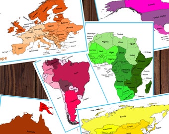 Montessori World map printable, Geography unit, homeschool world map, Montessori continents, World map with Countries names
