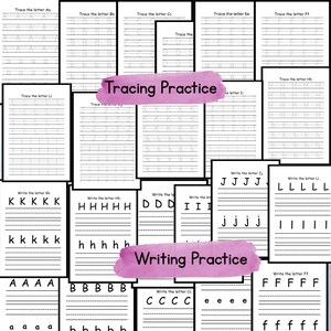 May include: Black and white printable worksheets for tracing and writing the letters of the alphabet. The worksheets have lines for tracing and writing the letters A through J.