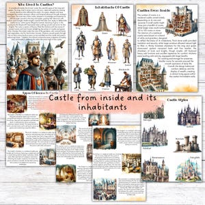 Pu&ograve; includere: Un set di poster educativi sui castelli, con illustrazioni e testo. I poster trattano argomenti come gli abitanti del castello, i tipi di stanze e gli stili architettonici. La tavolozza dei colori comprende sfumature di marrone, beige e blu.