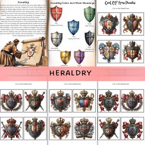 May include: A collection of heraldry-themed images. The images include a description of heraldry, color meanings, and coat of arms puzzles. The color meanings are red for courage, blue for loyalty, and green for hope. The puzzles are cut-out coat of arms designs.