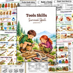 Puede incluir: Una hoja de actividades educativas titulada Tools Skills Survival Skill de babykookoo con ilustraciones de dos niños en un bosque con cuerdas, un hacha y una navaja, rodeados de diagramas instructivos para tareas al aire libre.
