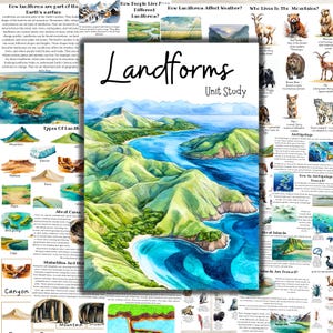 Op de afbeelding: Een kleurrijke educatieve poster getiteld "Landforms Unit Study" met illustraties van verschillende landvormen zoals bergen, gletsjers en canyons. De poster bevat tekst en afbeeldingen over verschillende landvormen en hun kenmerken.