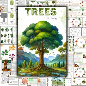 May include: A colourful educational poster about trees with a large illustration of a tree in a forest setting. The poster includes text about the life cycle of a tree, different types of trees, and tree facts. The title of the poster is "TREES Unit study".