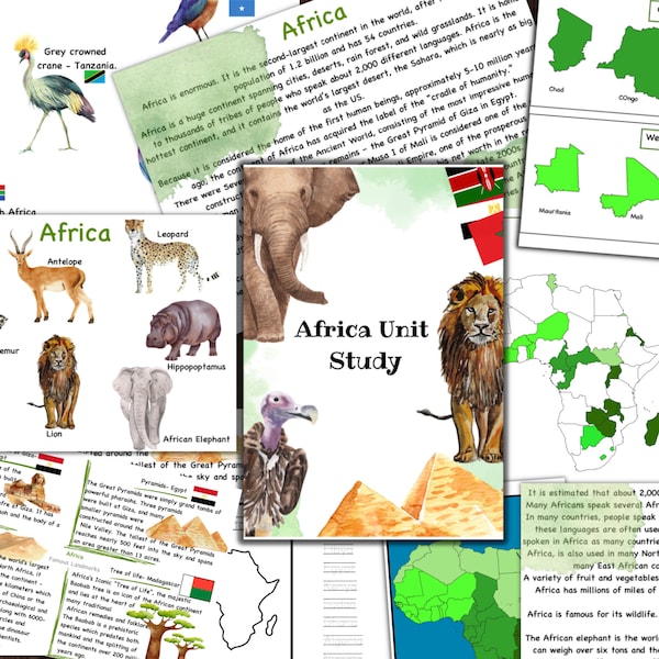 Africa unit study printable, Africa puzzle,   Africa 3 part cards , Africa animals, Africa landmarks, Africa map, continent puzzle