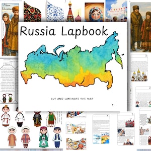 May include: A colorful educational lapbook titled "Russia Lapbook" with a watercolor map of Russia. The image includes illustrations of traditional Russian figures, cultural elements, and the text "Cut and Laminate the Map."