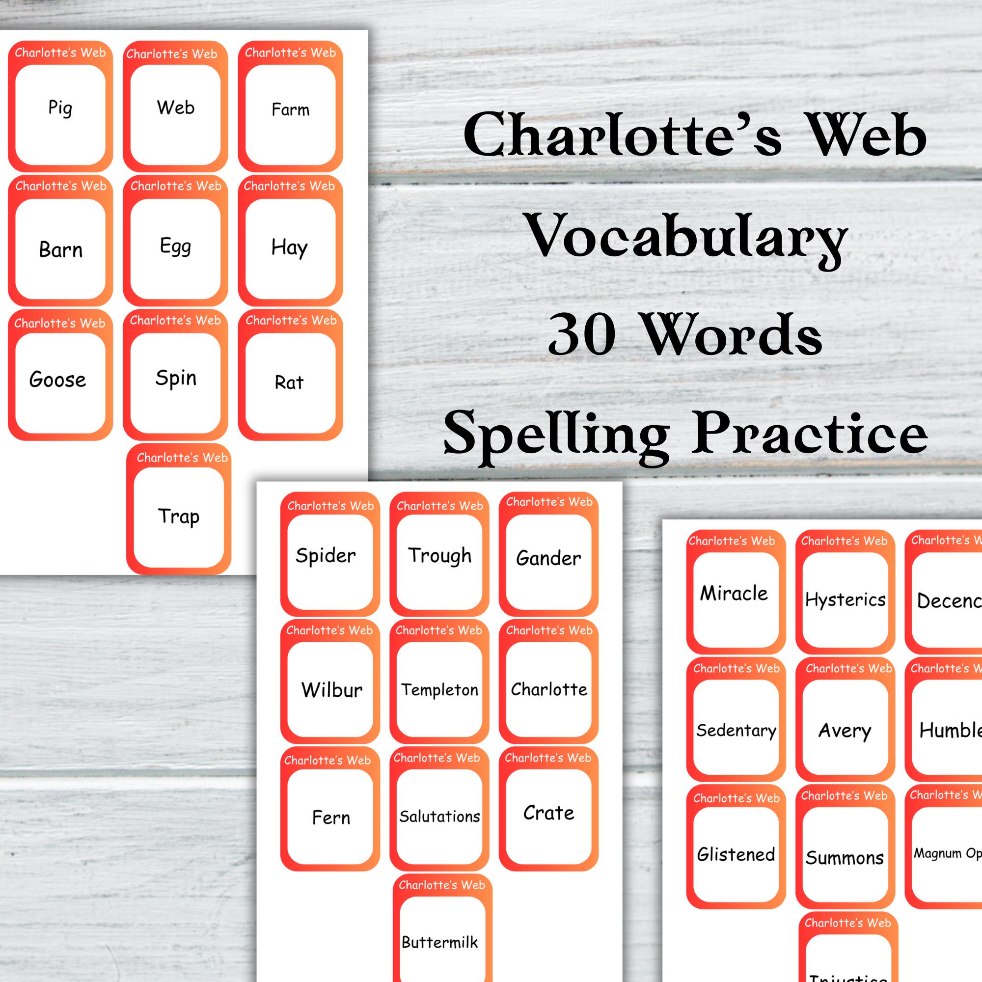 Práctica de vocabulario de La telaraña de Carlota, Fichas de literatura,  Informe de libro, Cuaderno de práctica de ortografía de La telaraña de  Carlota - Etsy México, image size:2000x2000