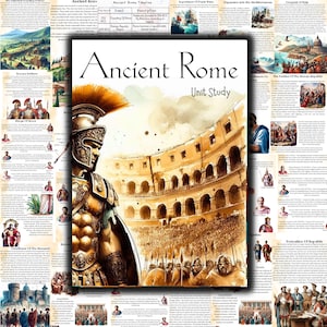 May include: A watercolour illustration of a Roman soldier standing in front of the Colosseum. The illustration is part of a larger unit study on Ancient Rome. The text "Ancient Rome Unit Study" is visible at the top of the image.