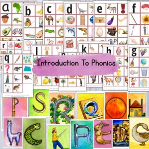 May include: A set of 26 colorful alphabet flashcards with illustrations and the word "Introduction to Phonics" in pink lettering. Each card features a letter of the alphabet, a picture, and a word that starts with that letter.