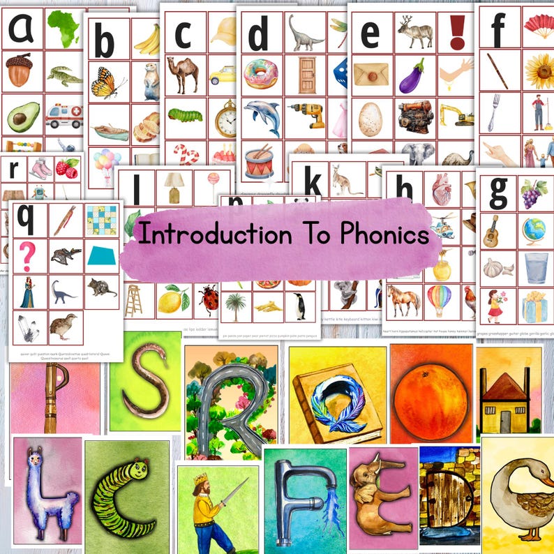 May include: A set of 26 colorful alphabet flashcards with illustrations and the word "Introduction to Phonics" in pink lettering. Each card features a letter of the alphabet, a picture, and a word that starts with that letter.