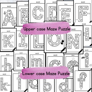 May include: A set of printable alphabet mazes for kids. The mazes are designed for both upper and lower case letters. The mazes are black and white and feature a variety of simple designs.