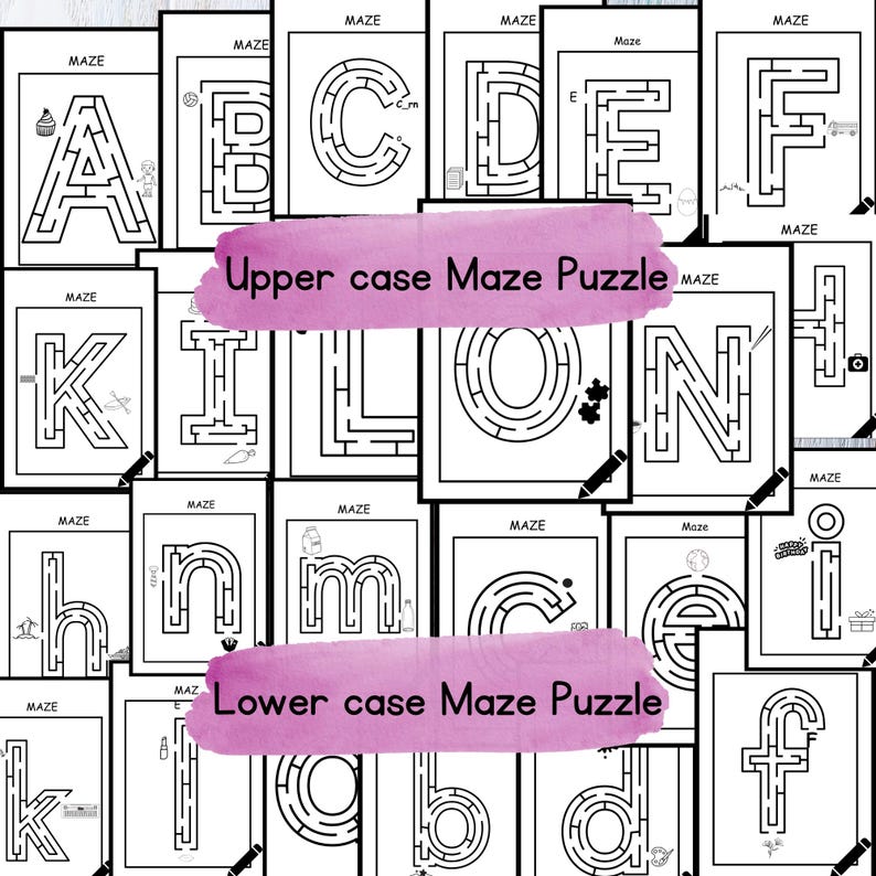 May include: A set of printable alphabet mazes for kids. The mazes are designed for both upper and lower case letters. The mazes are black and white and feature a variety of simple designs.